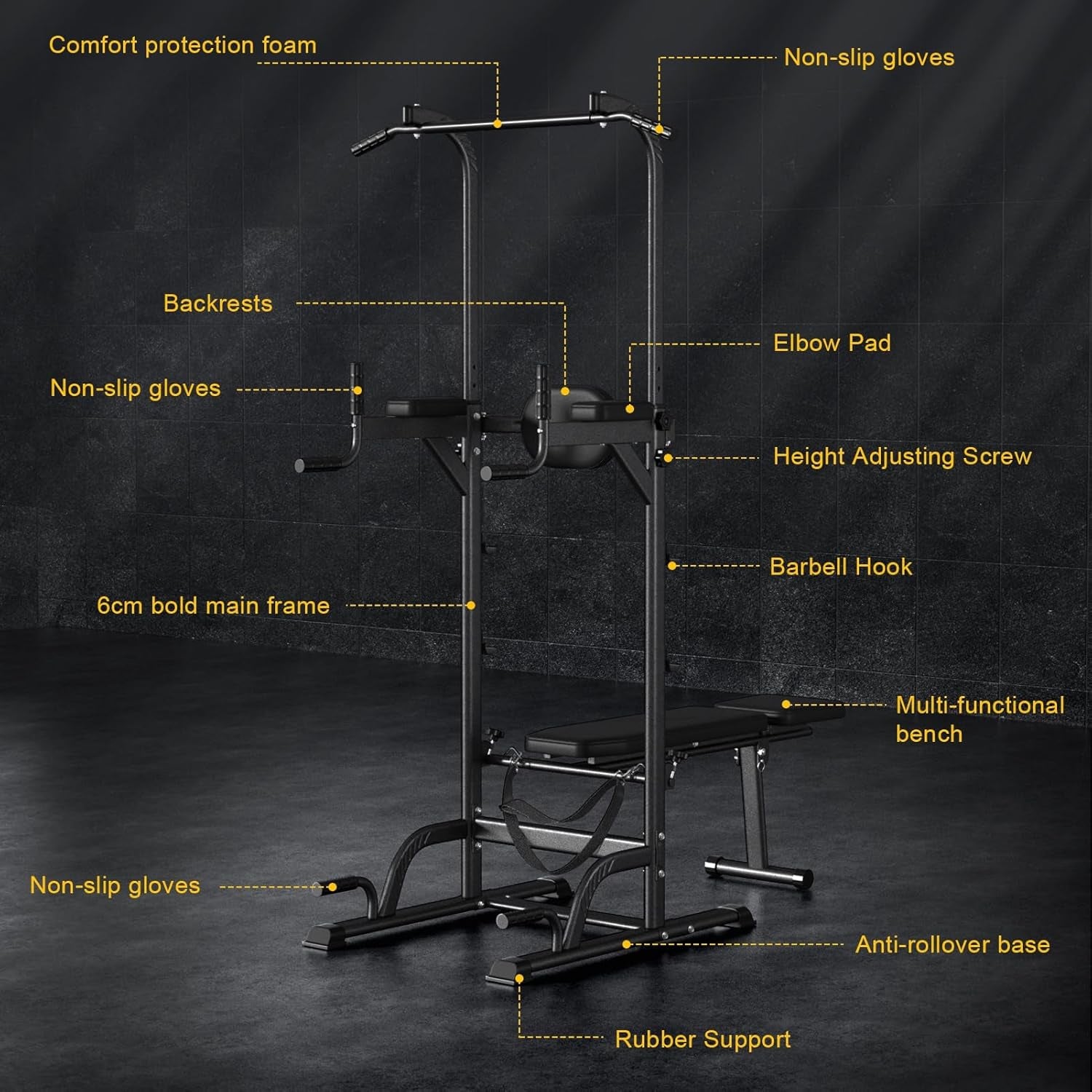 Power Tower Pull up Dip Station Assistive Trainer Multi-Function Strength Training Fitness Equipment 500Lbs,Pull-Up Rack with Dumbbell Bench Adjustable Pull up for Home Gym Black